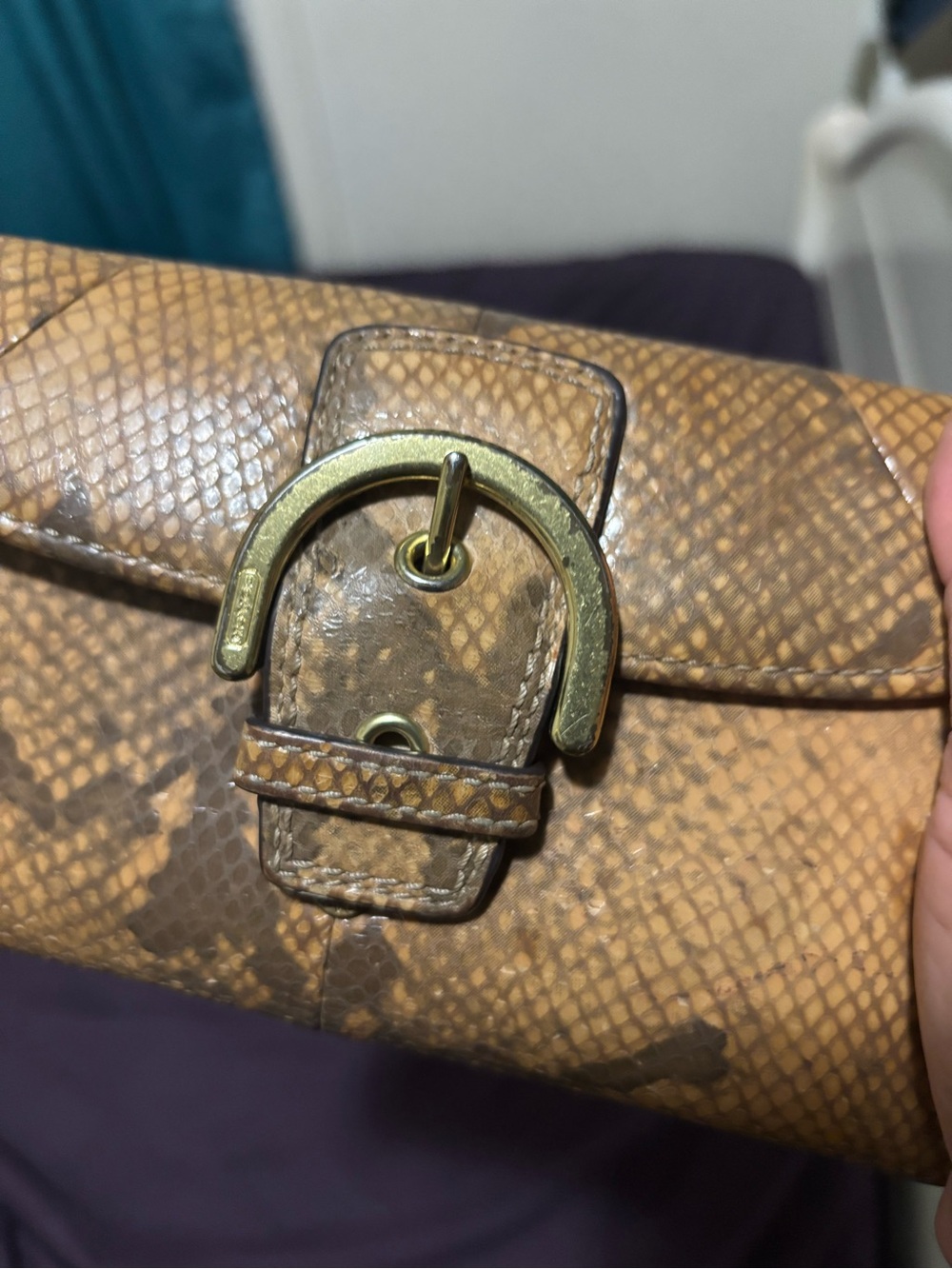 Coach Brown Textured Leather Clutch with Gold Buckle